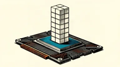 A large computer chip serves as the base for a rising tower of blank tiles.