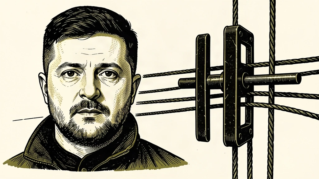 A portrait of Zelensky next to a locked mechanical lever, symbolizing a conditional halt to strikes. Identity photo references adapted into illustration: President Of Ukraine from Україна (CC0; http://creativecommons.org/publicdomain/zero/1.0/deed.en); source https://commons.wikimedia.org/wiki/File:2025_Volodymyr_Zelenskyy_(cropped).jpg