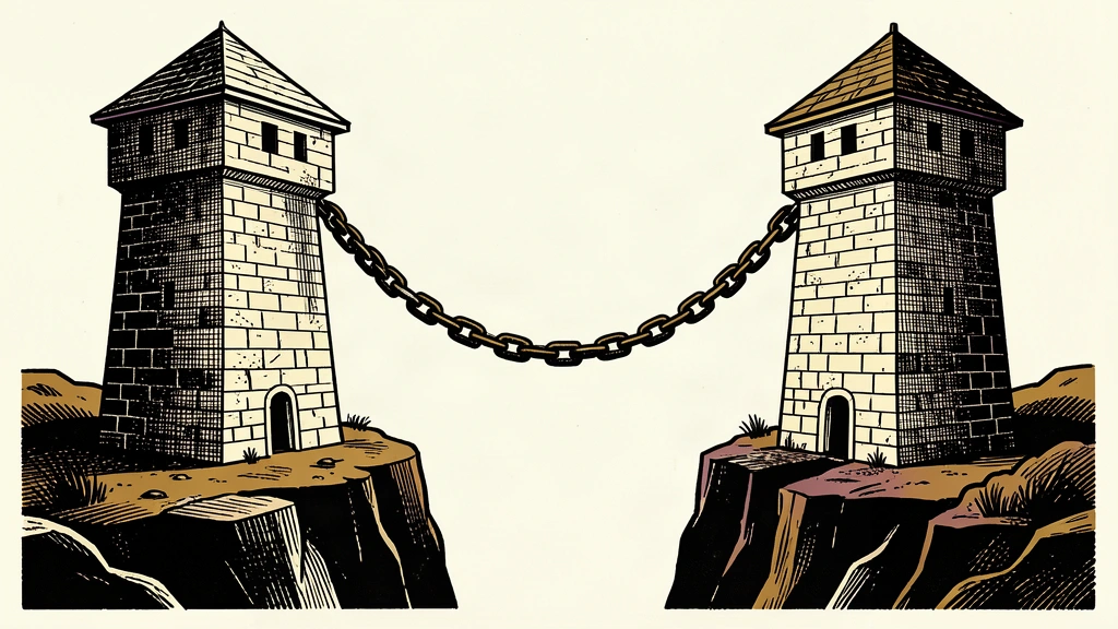 An editorial illustration of two massive stone watchtowers separated by a deep chasm, connected only by a heavy, sagging iron chain representing a long-term standoff.