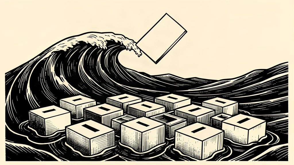 An editorial illustration of a large ink wave cresting over a grid of ballot boxes, symbolizing a projected electoral shift.