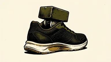 Nike price target cut by JP Morgan: a heavy iron block rests on the heel of an athletic sneaker, compressing its form.