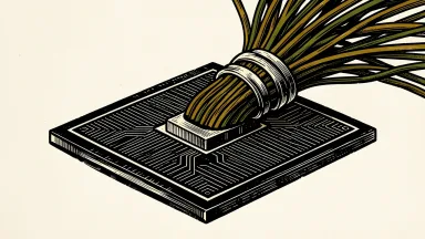 MaxLinear Puma 9 DOCSIS platform: a large microchip with a bundle of fiber-optic cables emerging from its center, constricted by a heavy metal ring to signify cost reduction.