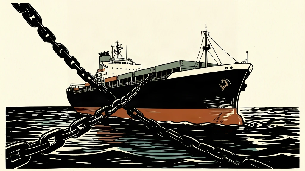 An editorial illustration showing a large cargo ship facing a heavy chain rising from the water, symbolizing maritime restrictions.