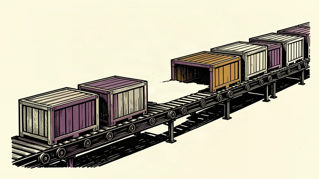 A black ink illustration of an industrial conveyor belt with a noticeable gap in its cargo, representing a contraction in production.