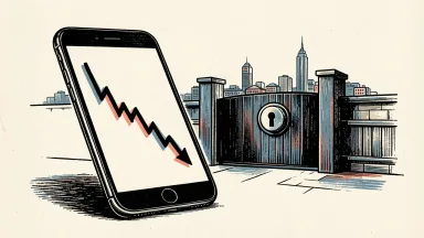 Webull shares under pressure following a House panel report: a smartphone showing a falling stock chart behind a heavy security gate.