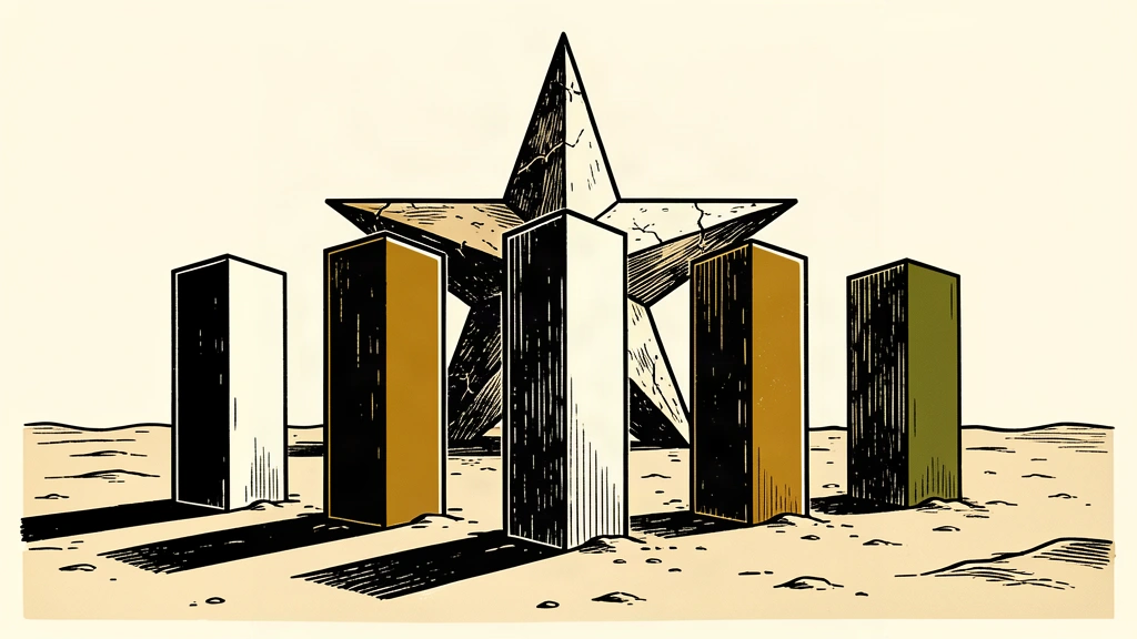 Five blank tiles stand in a row on a flat landscape in front of a large, partially buried star.