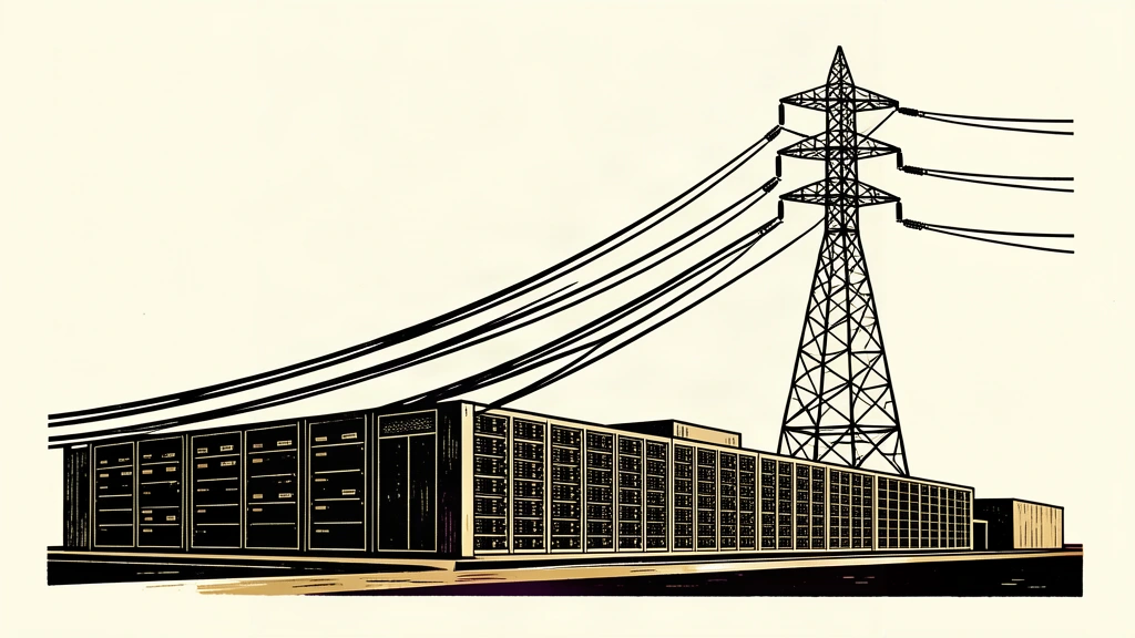 A stylized editorial illustration showing a large data center facility feeding power back into a tall electrical transmission tower through heavy power lines.