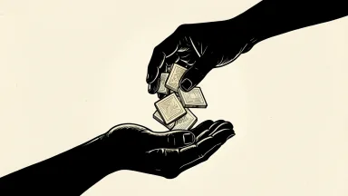 Dell Technologies director David Dorman gifting shares: silhouetted hands releasing geometric tiles into an open palm.