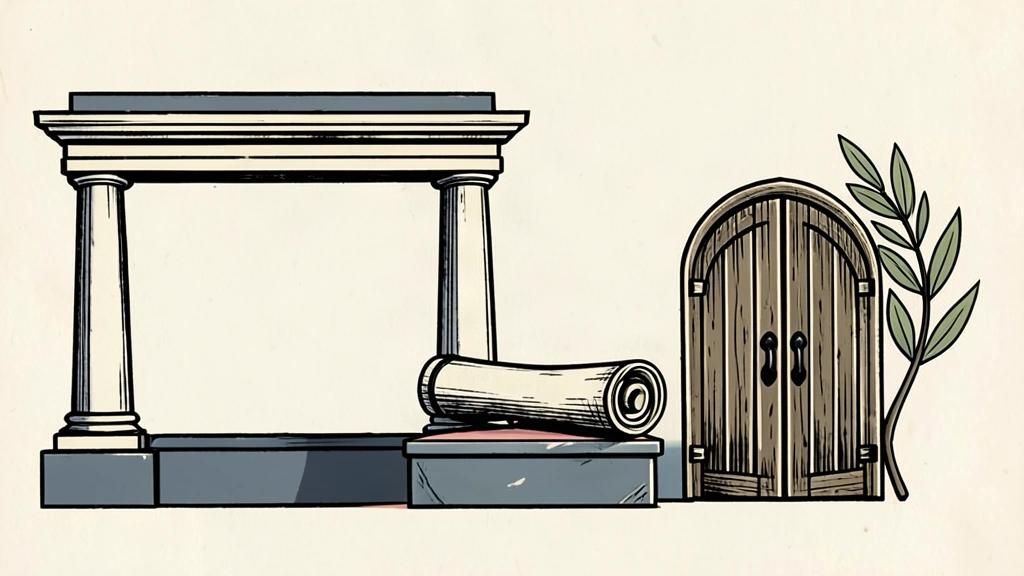 A linocut illustration of a blank scroll on a plinth next to an olive branch and a closed gate, symbolizing peace proposals.