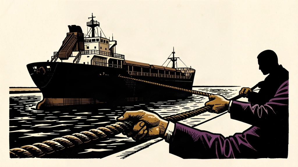 An editorial illustration showing a large cargo ship being guided through a narrow strait by two sets of hands pulling on heavy ropes, representing coordinated maritime efforts.
