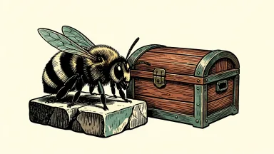 Bumble acquisition by Ithaca Holdings: a stylized bumblebee rests on a stone surface beside a closed wooden chest.
