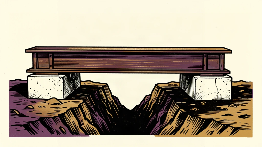 A horizontal steel beam rests level on concrete blocks over a deep gap in the ground, representing stabilized construction output.
