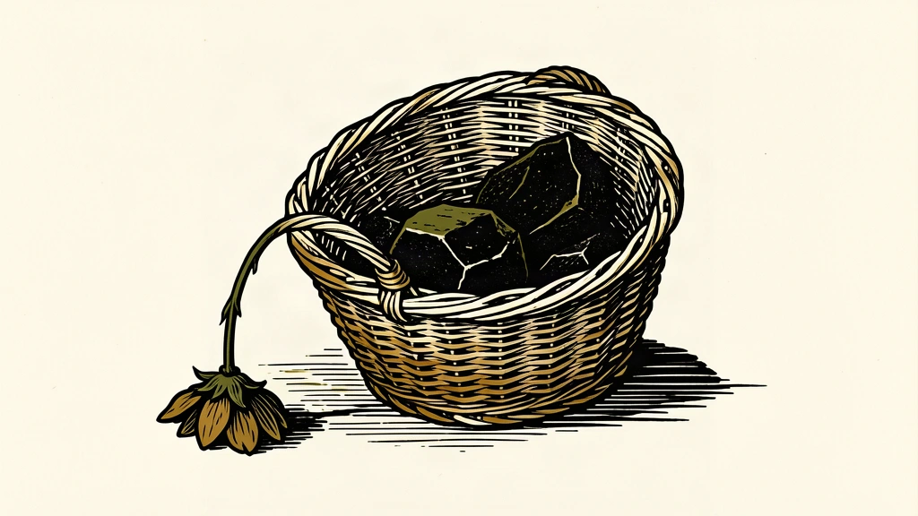 A gift basket tilted by heavy stones on one side with a single drooping flower.