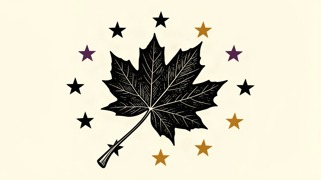 A black ink maple leaf is positioned so that its top edge enters a circle of small stars.