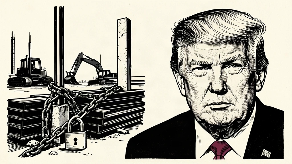 A portrait of Trump next to a construction site that has been halted by a heavy chain and padlock. Identity photo references adapted into illustration: Daniel Torok (Public domain; https://commons.wikimedia.org/wiki/File:Official_Presidential_Portrait_of_President_Donald_J._Trump_(2025).jpg); source https://commons.wikimedia.org/wiki/File:Official_Presidential_Portrait_of_President_Donald_J._Trump_(2025).jpg
