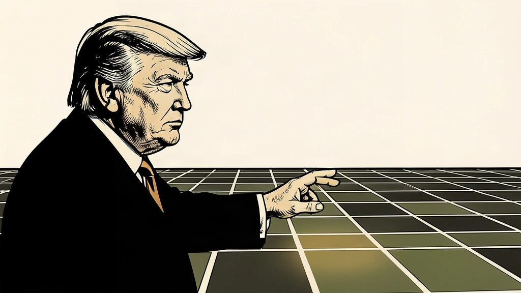 A conceptual editorial illustration showing a silhouette of Donald Trump reaching toward a single highlighted tile in a vast, dark grid of geometric shapes on ivory paper. Identity photo references adapted into illustration: Daniel Torok (Public domain; https://commons.wikimedia.org/wiki/File:Official_Presidential_Portrait_of_President_Donald_J._Trump_(2025).jpg); source https://commons.wikimedia.org/wiki/File:Official_Presidential_Portrait_of_President_Donald_J._Trump_(2025).jpg