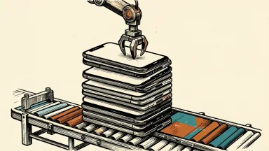 Apple iPhone 18 Pro production cuts: a mechanical assembly arm removes a smartphone component from a factory line.