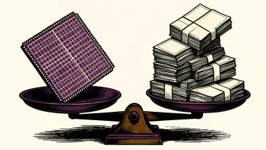 A large AI chip on a heavy balance scale outweighs and lifts several stacks of currency, representing significant cost savings.