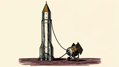 L3Harris solid rocket motor stands beside a Lockheed Martin satellite, connected by a cable.