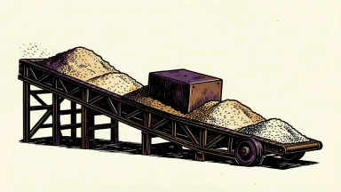 Mosaic downgraded to Sector Perform by RBC Capital: a heavy iron block rests on an industrial conveyor belt, halting the flow of granular fertilizer.