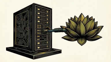 CoreWeave expands its AI cloud platform into India: a server rack connects via a thick cable to a stylized lotus structure.