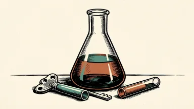 Caribou Biosciences exploring strategic alternatives: a large laboratory flask stands next to two empty test tubes and a heavy metal key.