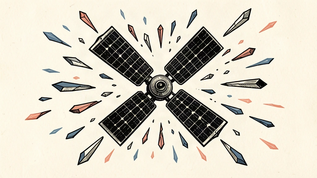 An intact satellite with solar panels maneuvers through a dense field of sharp orbital debris.