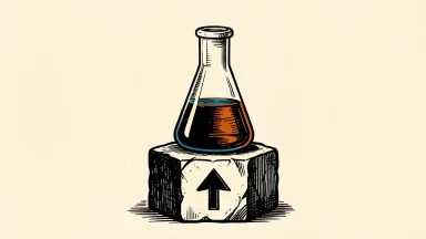 AbbVie price target maintained: a laboratory flask resting on a solid stone pedestal with an upward arrow icon.