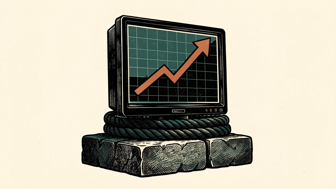 FactSet revenue and ASV growth: a heavy data terminal with a rising line on its screen is bound at the base by a thick coiled rope.