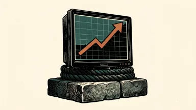 FactSet revenue and ASV growth: a heavy data terminal with a rising line on its screen is bound at the base by a thick coiled rope.