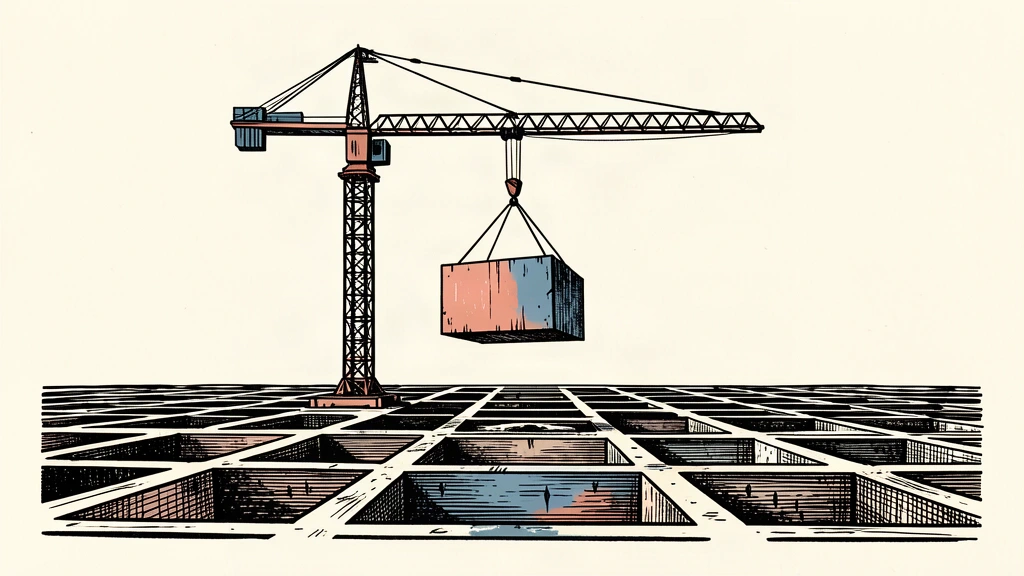 A lone construction crane holds a single foundation block over a vast field of empty excavation pits.
