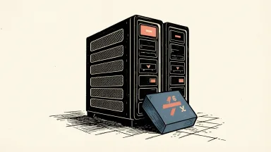 HPE shares under pressure as analysts flag revenue concerns: an enterprise server rack tilts on an uneven floor, propped up on one side by a heavy block.