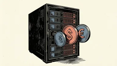 SAP enterprise payments integration with Circle stablecoins: USDC and EURC coins being inserted into a large enterprise server rack.