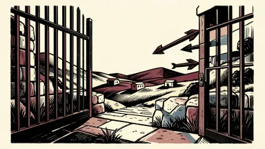Netanyahu announces offensive operations in the West Bank: heavy iron gates open toward a landscape marked by sharp directional arrows.
