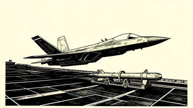 Boeing and Raytheon secure major defense contracts: a futuristic fighter jet and a long missile on the deck of an aircraft carrier.