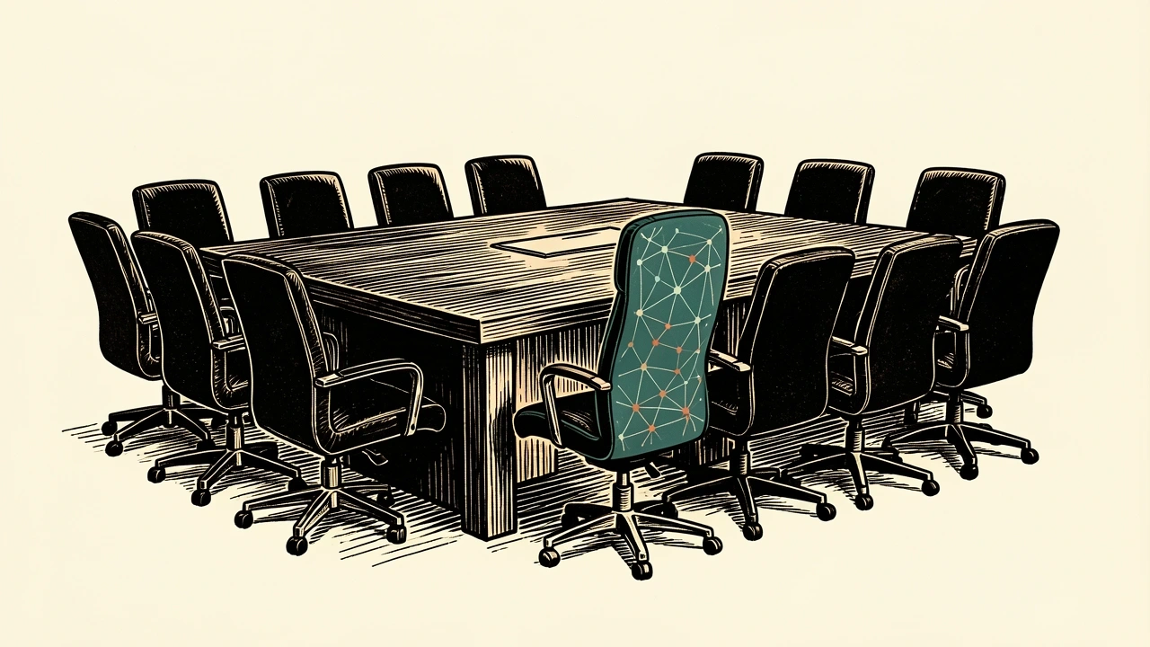 Leidos Holdings expands its board: a new high-backed chair is added to a long boardroom table to join ten others.
