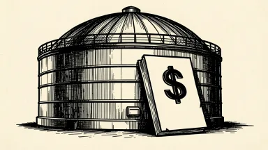 Atmos Energy senior notes offering: a large industrial gas storage tank with a thick financial document leaning against its base.