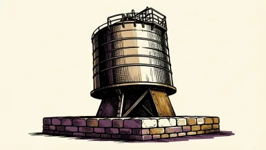 Chevron return on capital boost: a large industrial oil storage tank is physically elevated by a solid metal wedge driven under its base.