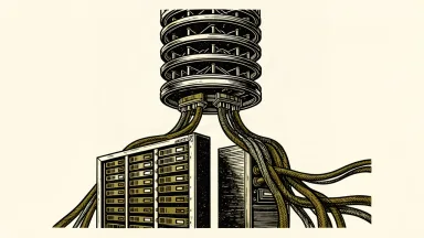 A tiered quantum cryostat descending toward a heavy server rack to represent the on-premise installation of IonQ hardware at Nvidia.