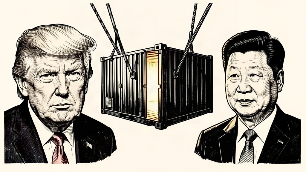 An editorial illustration showing a shipping container being pulled open between portraits of Trump and Xi. Identity photo references adapted into illustration: Daniel Torok (Public domain; https://commons.wikimedia.org/wiki/File:Official_Presidential_Portrait_of_President_Donald_J._Trump_(2025).jpg); source https://commons.wikimedia.org/wiki/File:Official_Presidential_Portrait_of_President_Donald_J._Trump_(2025).jpg | Официальный веб-сайт Президента Российской Федерации (CC BY 4.0; https://creativecommons.org/licenses/by/4.0); source https://commons.wikimedia.org/wiki/File:Chinese_President_Xi_May_2024.jpg