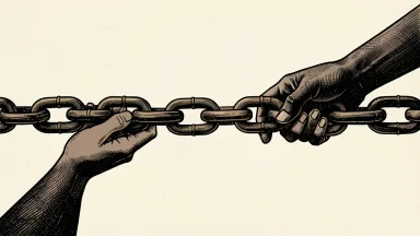 Teledyne leadership transition: two silhouetted hands grip a long industrial chain representing a history of 75 acquisitions.