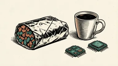 Chipotle burrito with a coffee cup turned away and microchips nearby.