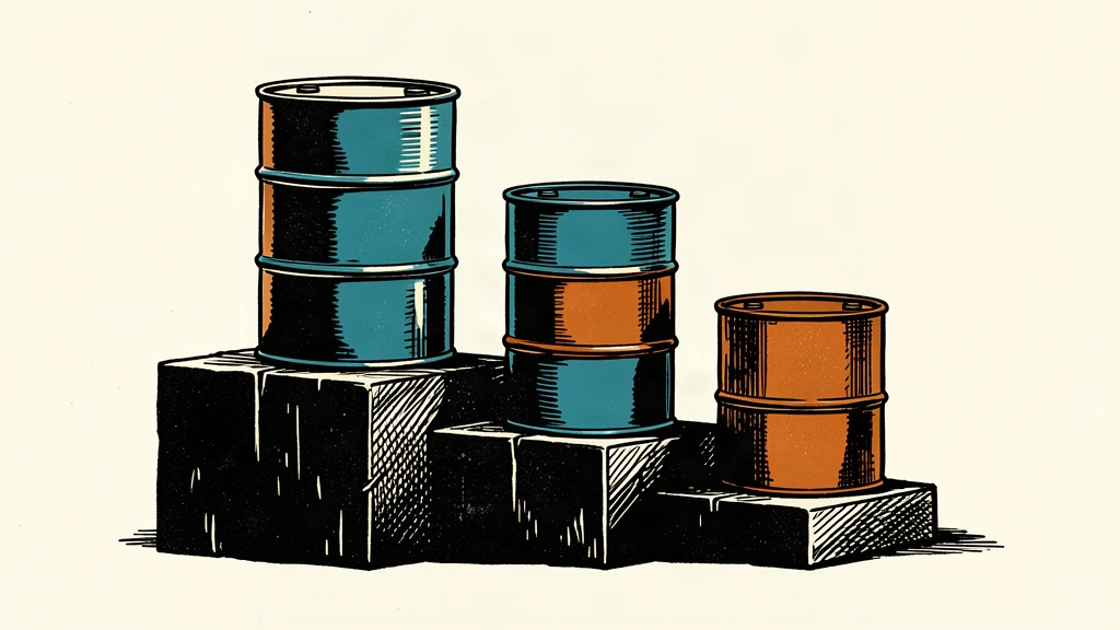 Three oil barrels arranged on a descending staircase to represent a projected price decline.