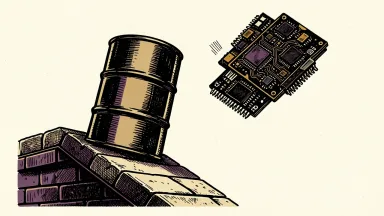 Oil prices and tech stocks in opposition: a heavy oil barrel on a scale pulls down a platform while computer components are lifted.