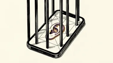 A smartphone sits behind thick vertical bars, with a stylized ear icon on its screen representing the tension between AI features and eavesdropping laws.