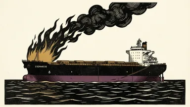 An oil tanker on fire in the Sea of Oman: a large vessel sits stationary on the water with smoke and flames rising from its deck.