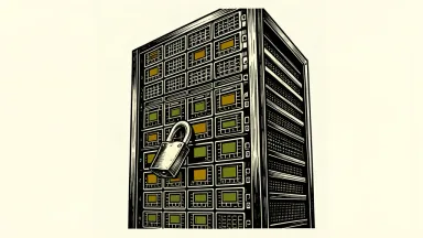 A massive server rack with a large physical padlock integrated into its hardware to represent AI-driven cybersecurity.