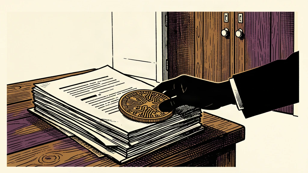 An editorial illustration showing a stack of proposed rules containing a crypto coin being delivered to a large doorway.