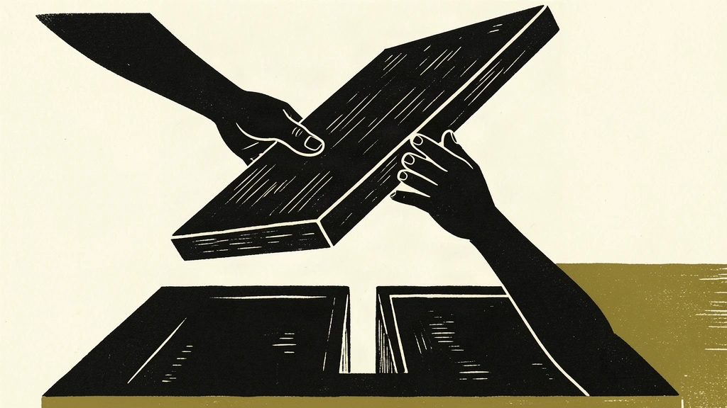 A conceptual illustration of anonymous hands carefully hovering a heavy dark slab over a precise slot to represent the weight and caution of geopolitical decision-making.