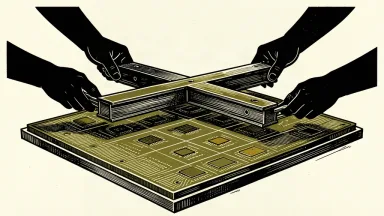 An editorial illustration showing two pairs of hands placing a structural beam onto a large silicon microchip wafer.